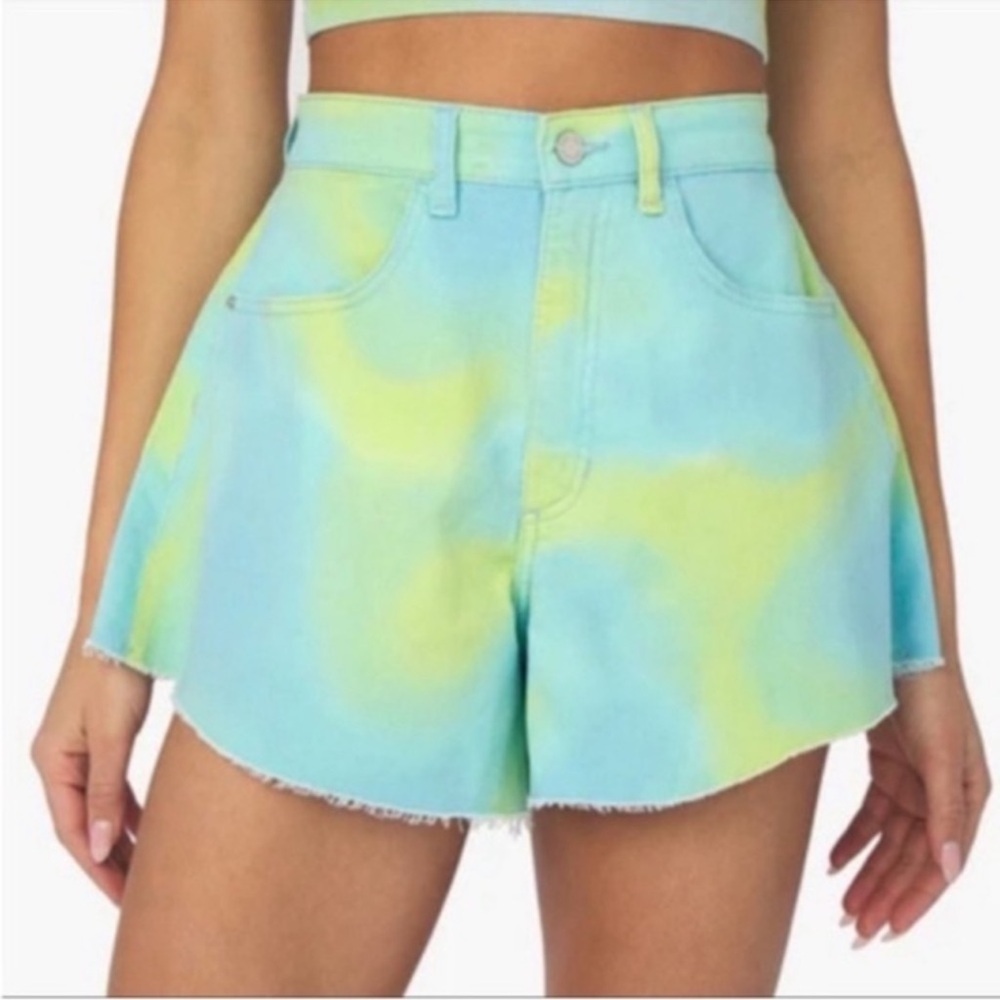 NEW WeWoreWhat Flare Bell High Waisted Tie Dye Shorts in Blue & Green Sz 27 NWT - Picture 4 of 9
